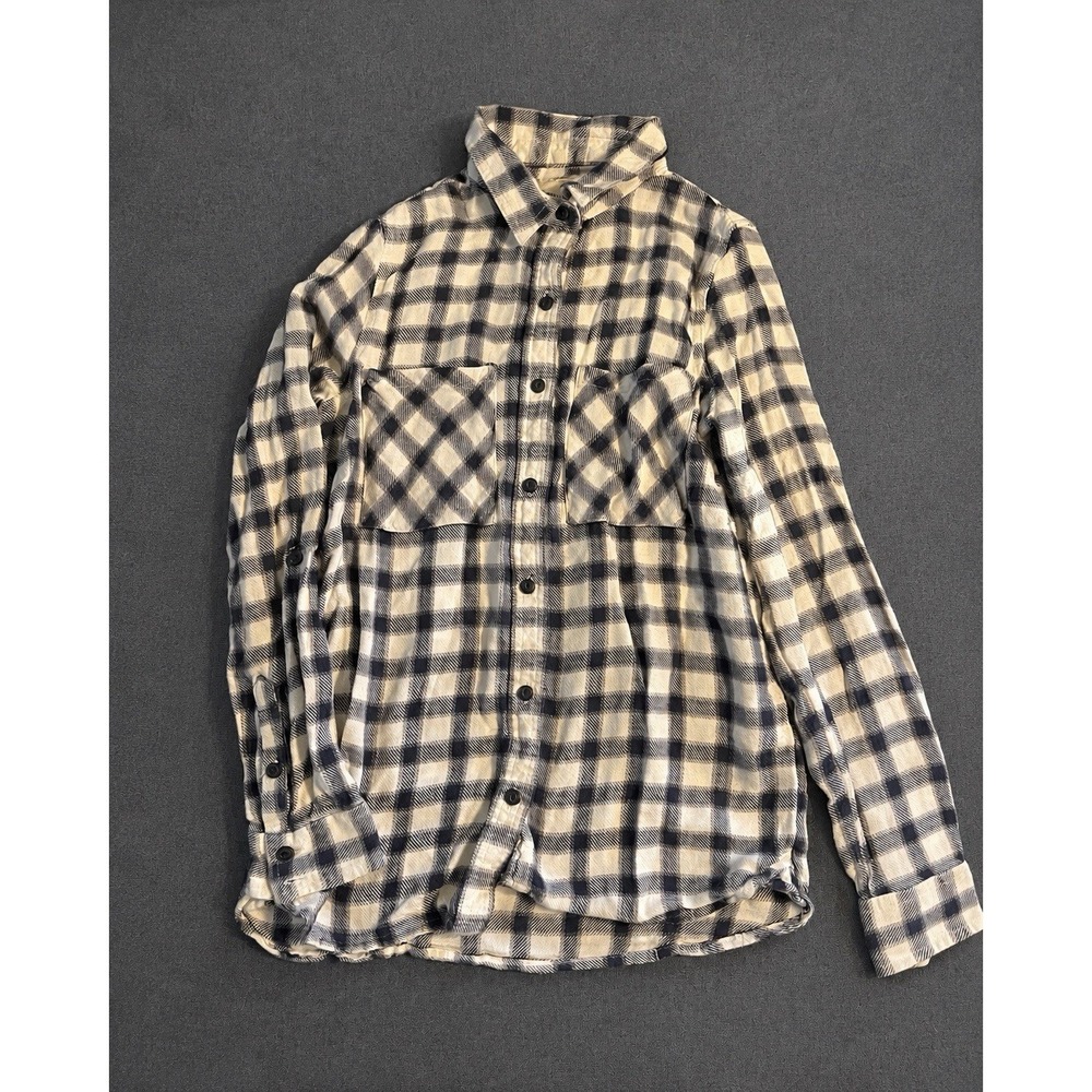 Forever 21 Women's Flannel Plaid Button-Up Shirt White Navy Long Sleeve Size S